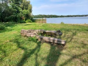 Badestelle Alter Hof Wannsee Sitzbank mit Schnitzfigur